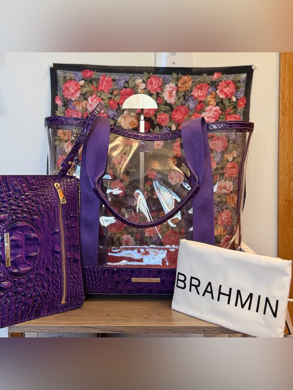 BRAHMIN Purple Clear Tote with Croc-Embossed Trim and matching Pouchette